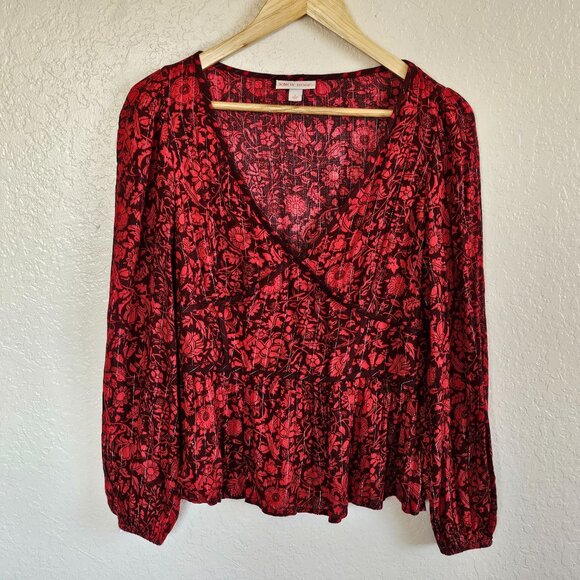 Knox Rose Women’s Red Floral Peplum Long Slv V-Neck Size S Boho Babydoll Flowy - Picture 4 of 7